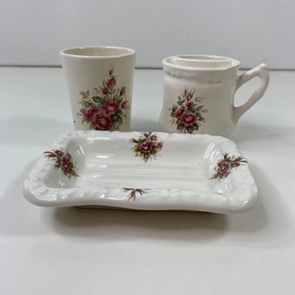 Vintage VB Athena Floral Shaving Mug Brush Holder & Soap Dish Set Vintage